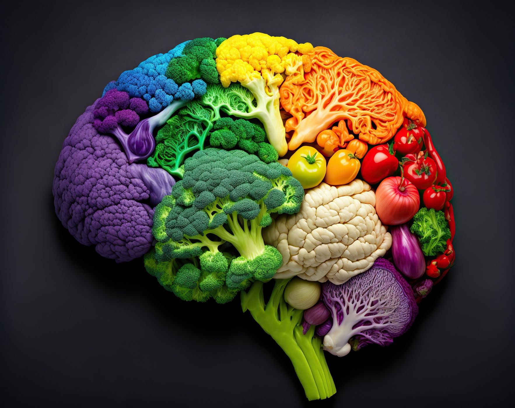 A graphic showing a brain connected to a gut, surrounded by healthy foods, symbolizing the best foods to support brain health in Multiple Sclerosis.