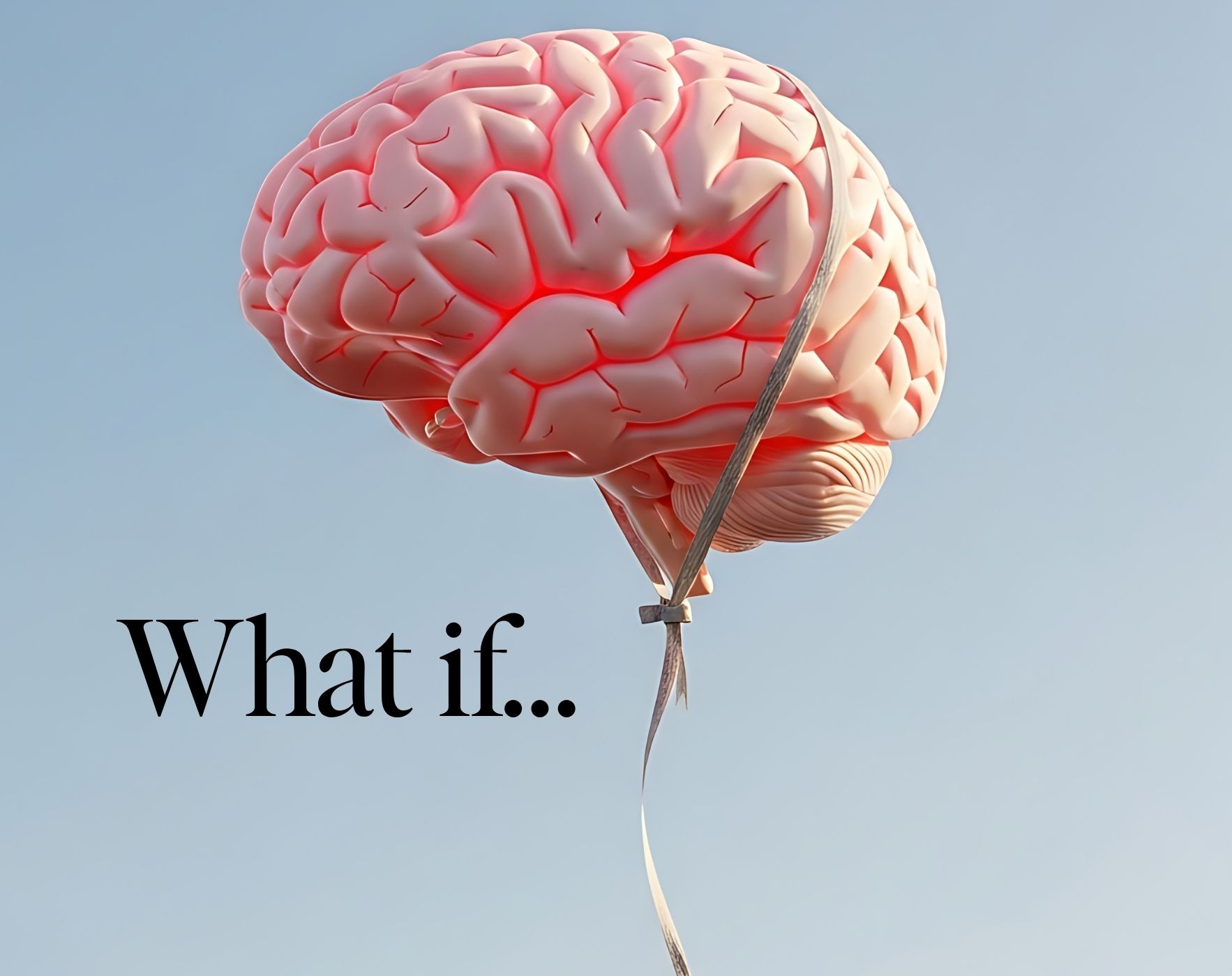 Brain shaped like a balloon floating against a blue sky with the words "What if..." — representing the mental spiral of living with MS uncertainty